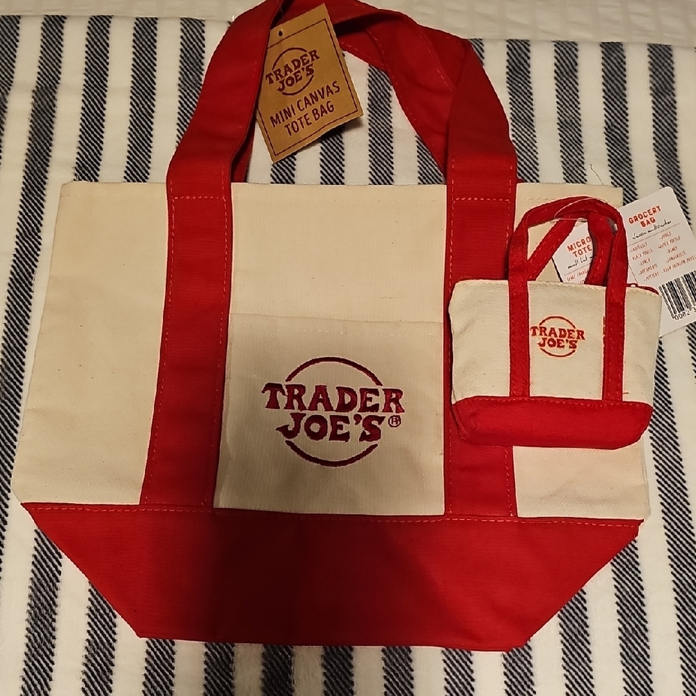 Trader Joe's Red and Cream Canvas Tote Bag Set